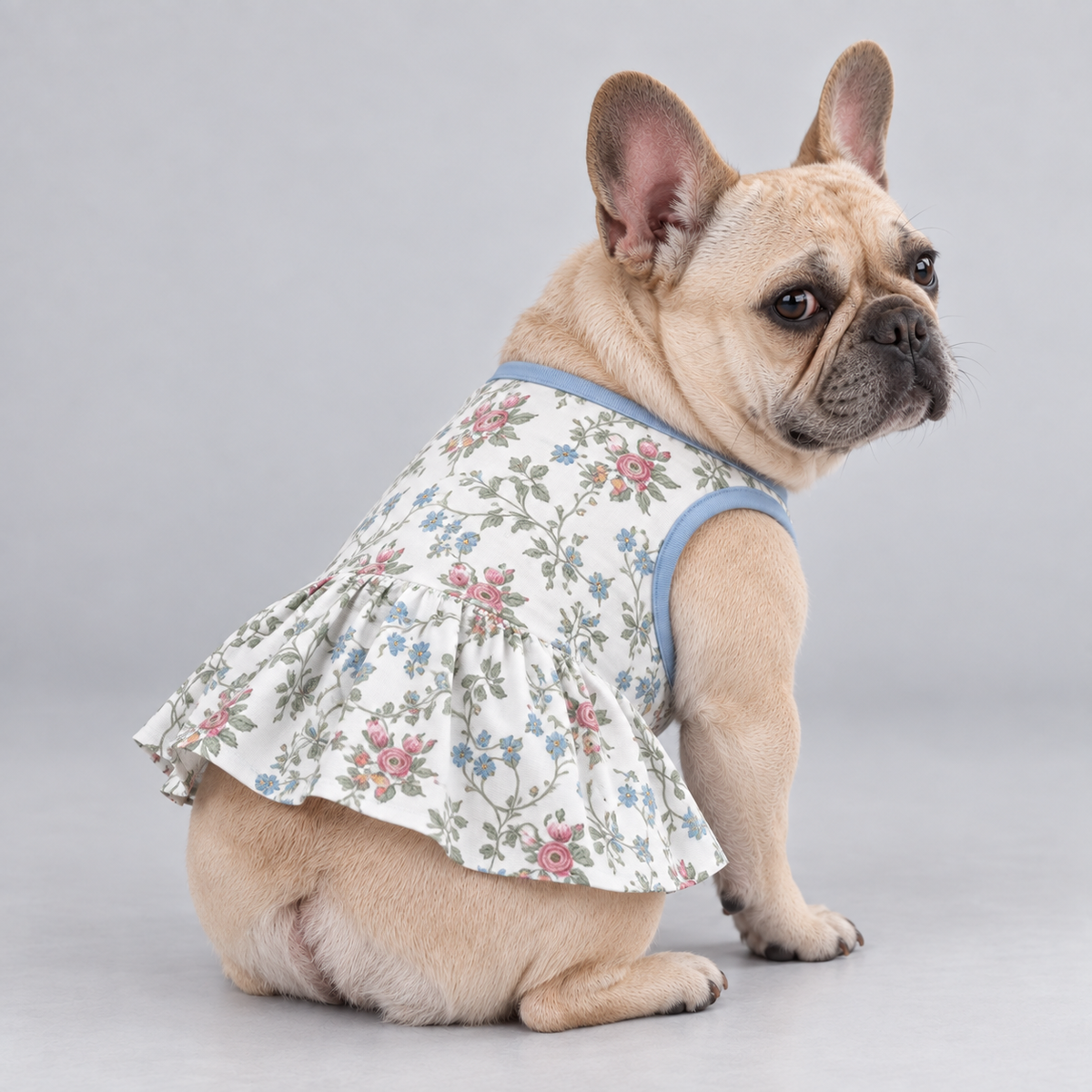 Vintage English Garden French Bulldog Ruffle Dress