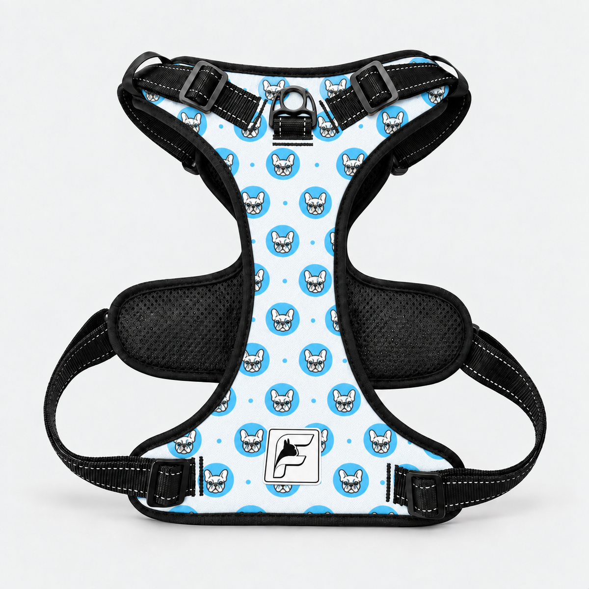 Blue Frenchie Faces no-pull dog harness with padded vest and breathable mesh lining