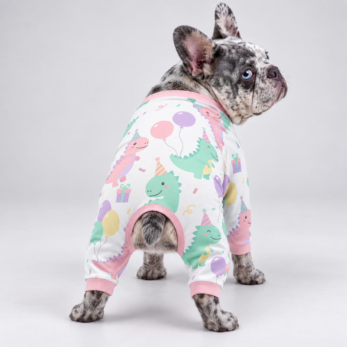 Pastel Dinosaur French Bulldog Pajamas – Soft Dog Sleepwear back view on French Bulldog