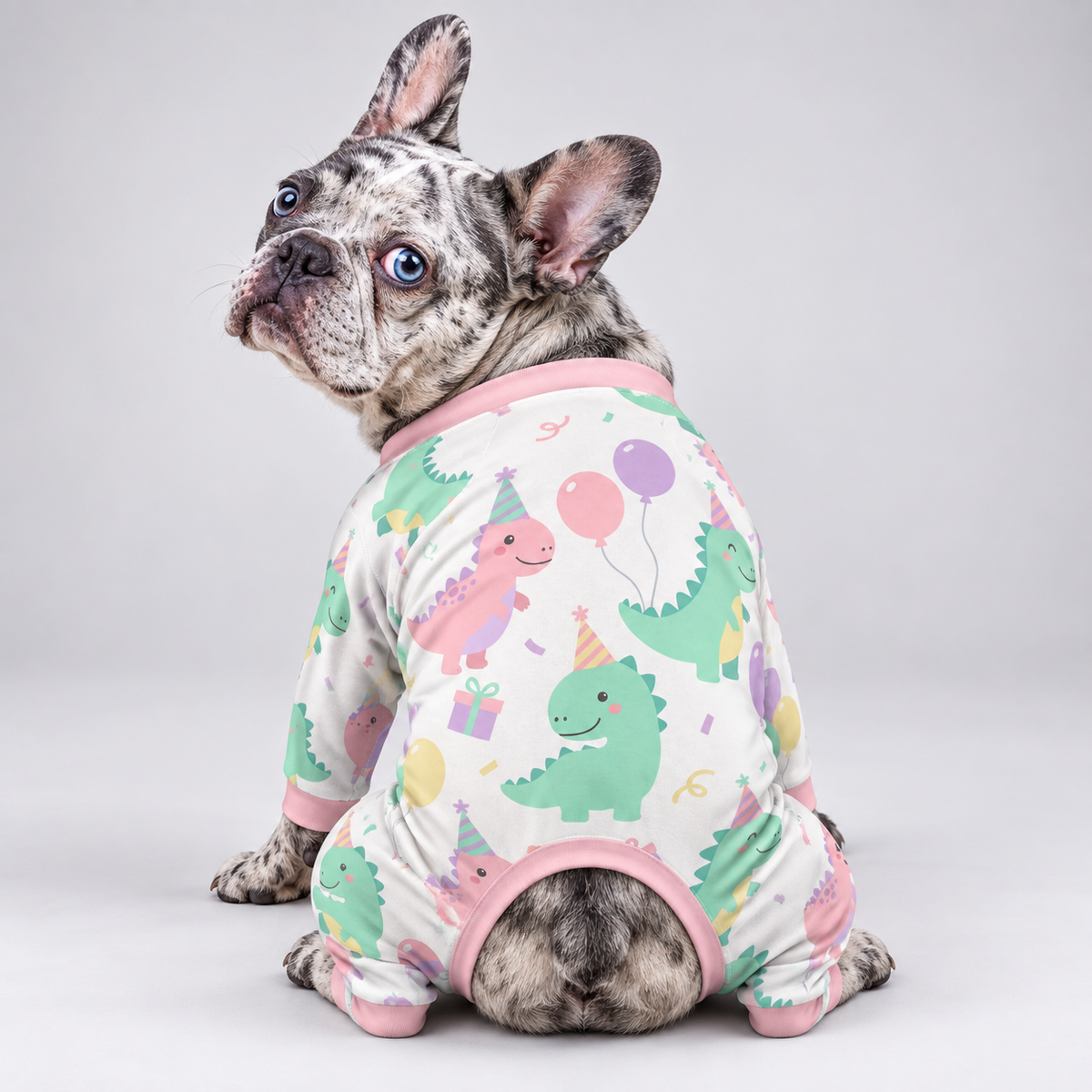 Pastel Dinosaur French Bulldog Pajamas – Soft Dog Sleepwear rear three-quarter view