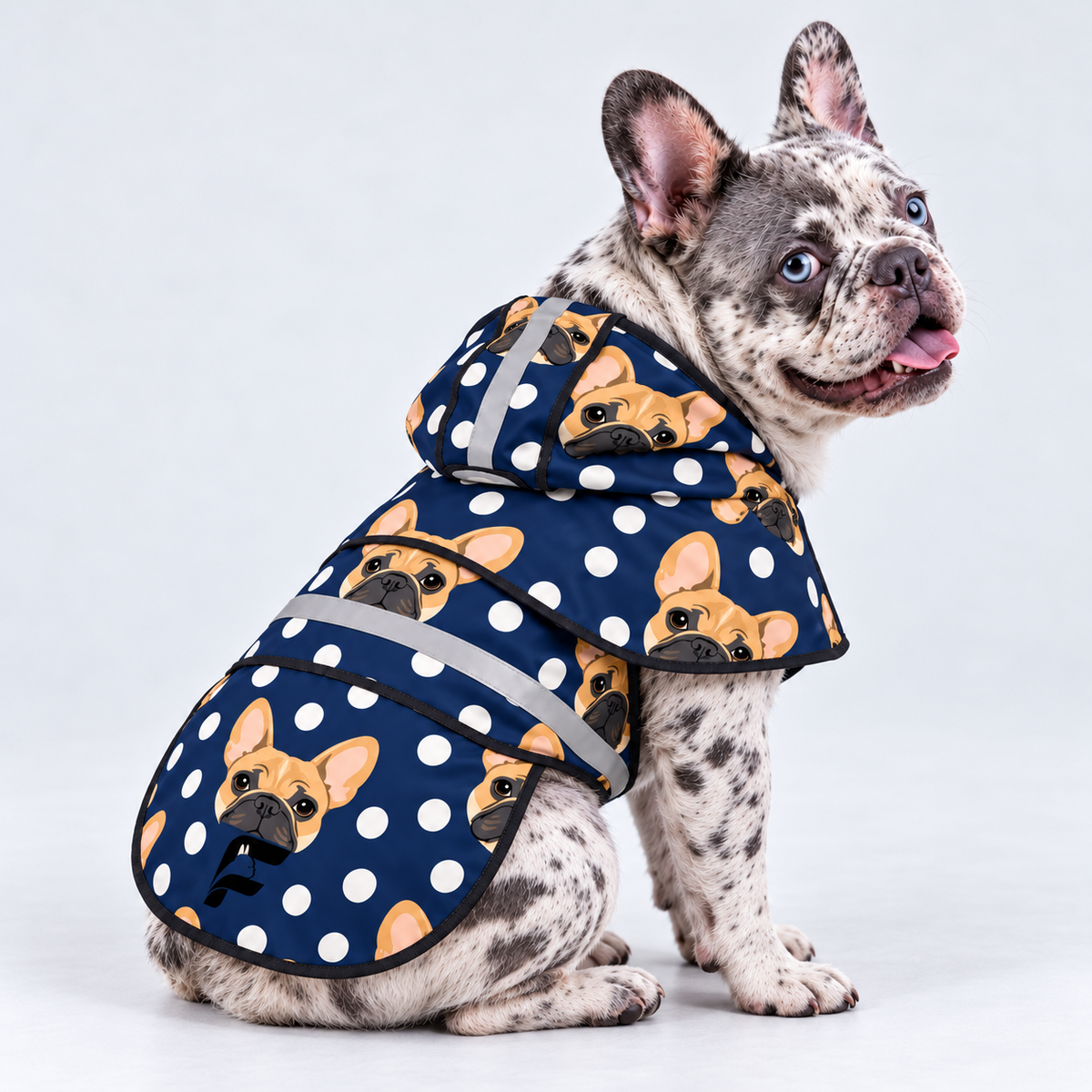 Midnight Dots French Bulldog raincoat — seated side view
