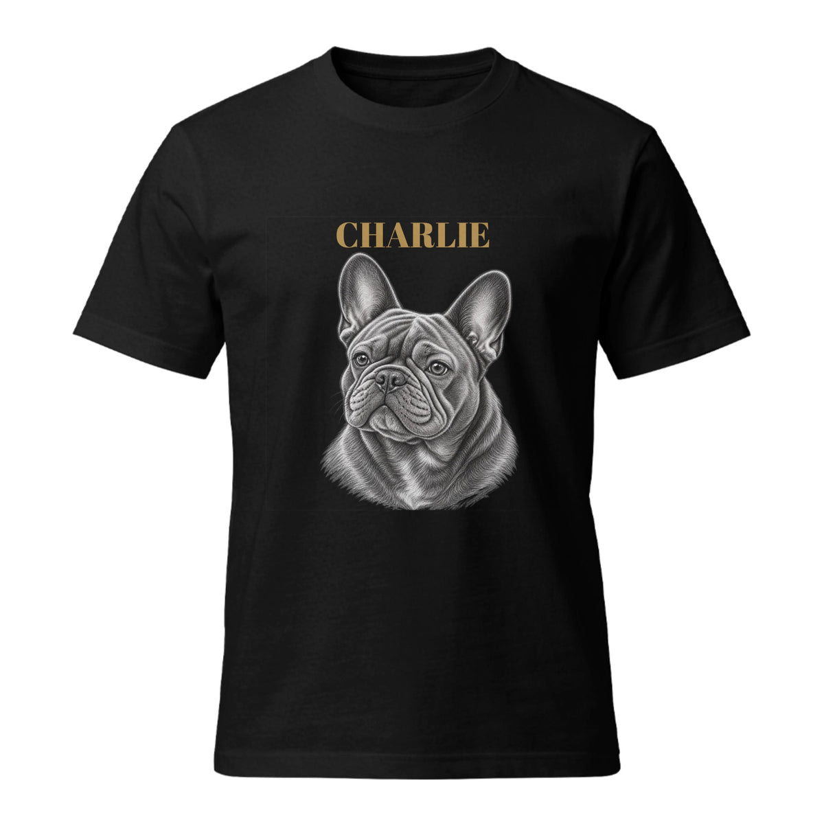 Black cotton Frenchie pencil-art T-shirt with the example name CHARLIE