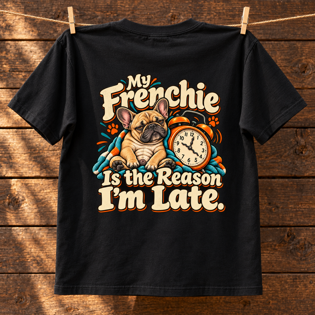 Close-up of My Frenchie Is the Reason I'm Late. artwork on the back of a black cotton T-shirt