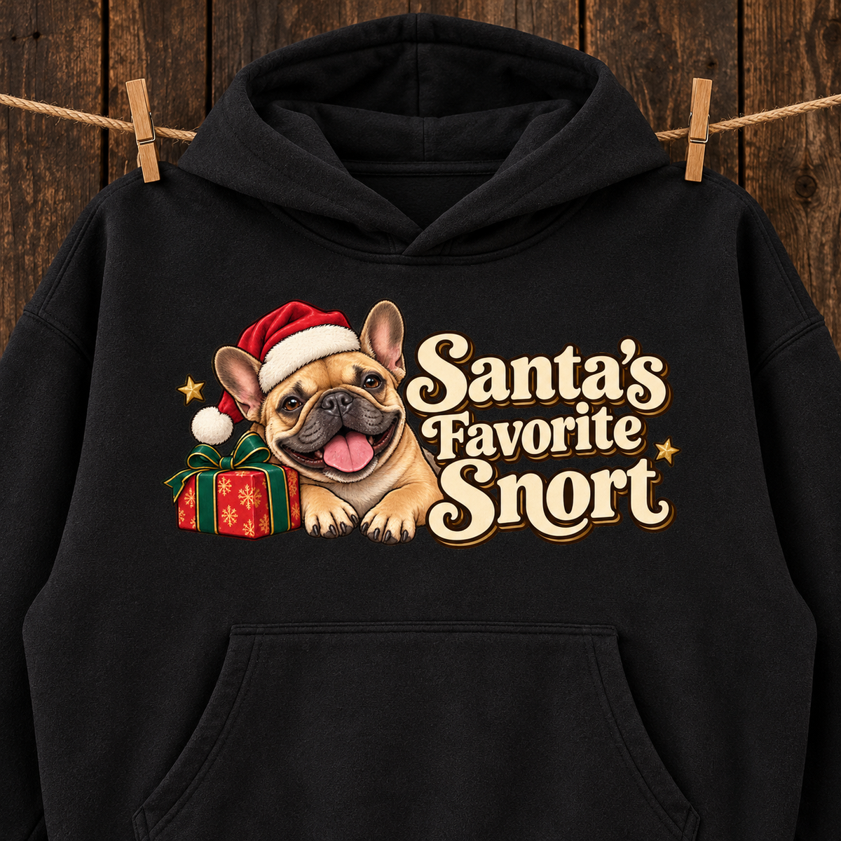 Close-up of the Santa's Favorite Snort front print on a black French Bulldog hoodie.