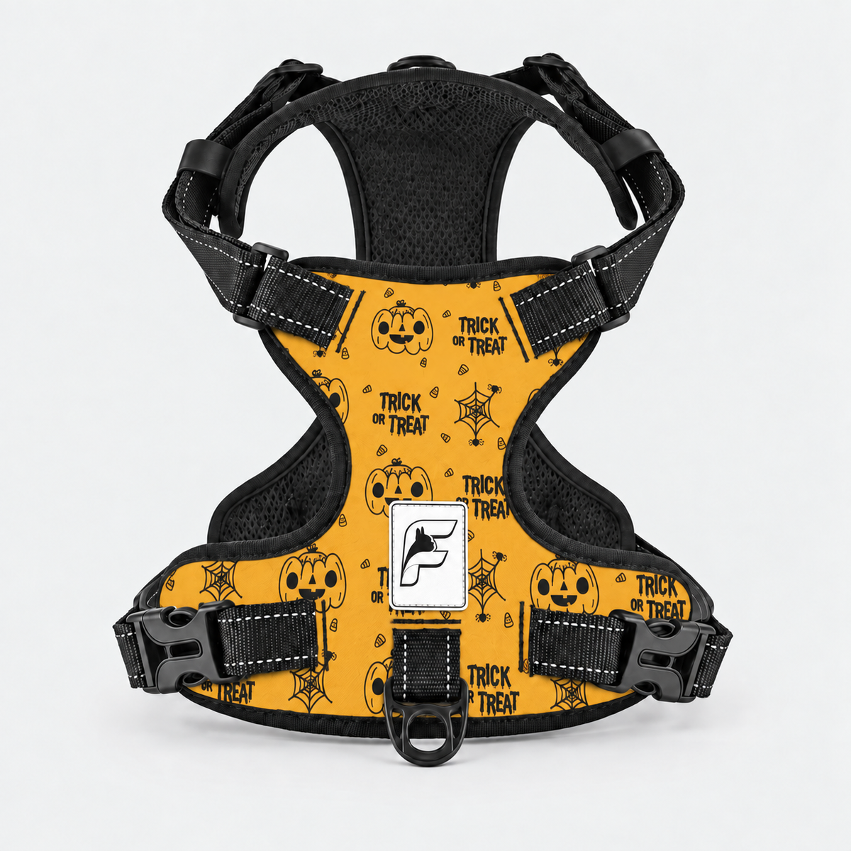 Trick or Treat French Bulldog harness, no-pull vest with golden orange pumpkins, webs and lettering