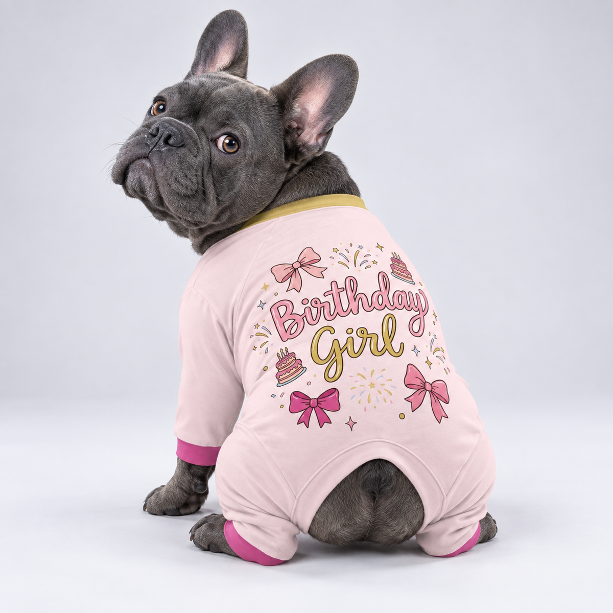 Birthday Party French Bulldog Pajamas – Soft Dog Sleepwear rear three-quarter view