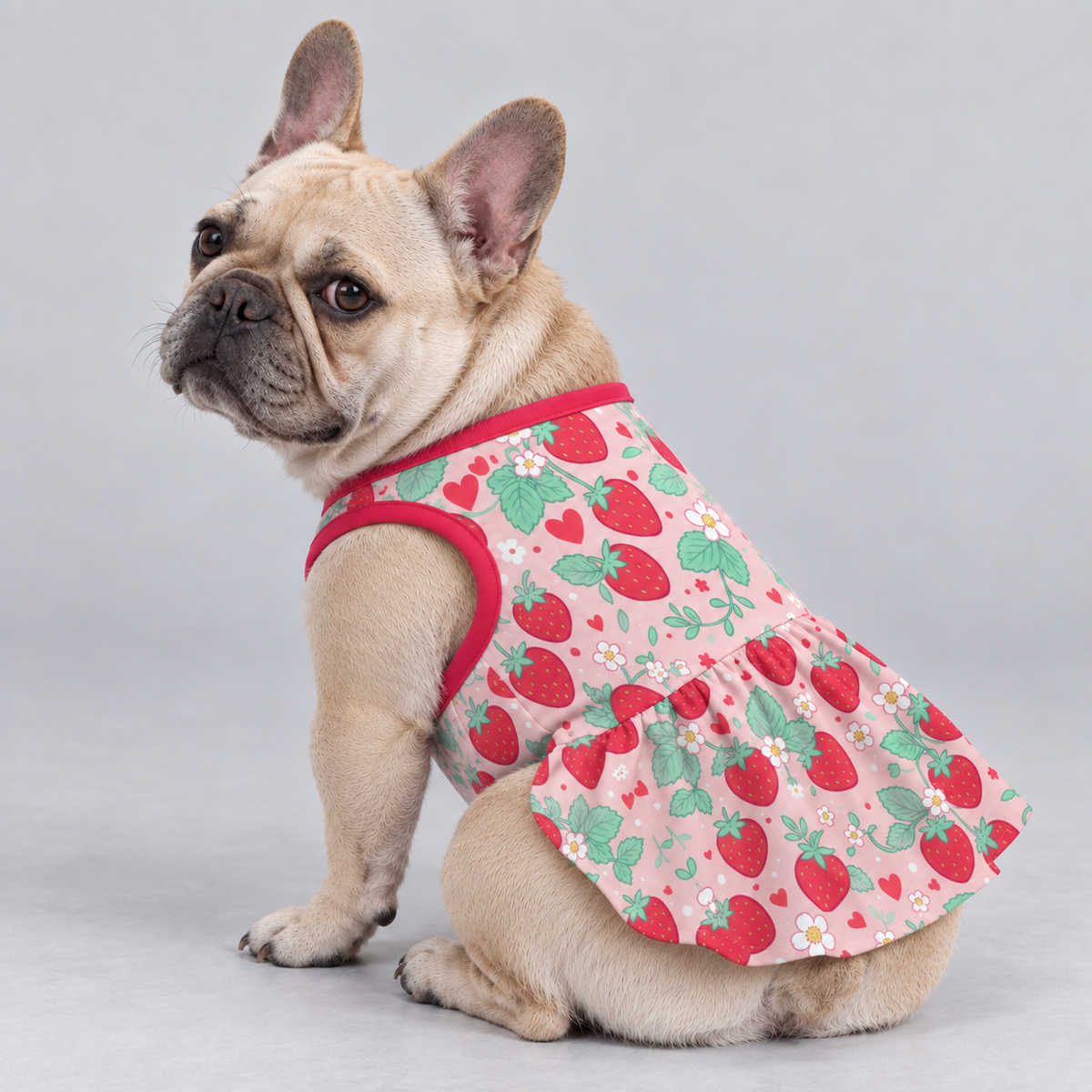 Sweet Strawberry French Bulldog Ruffle Dress