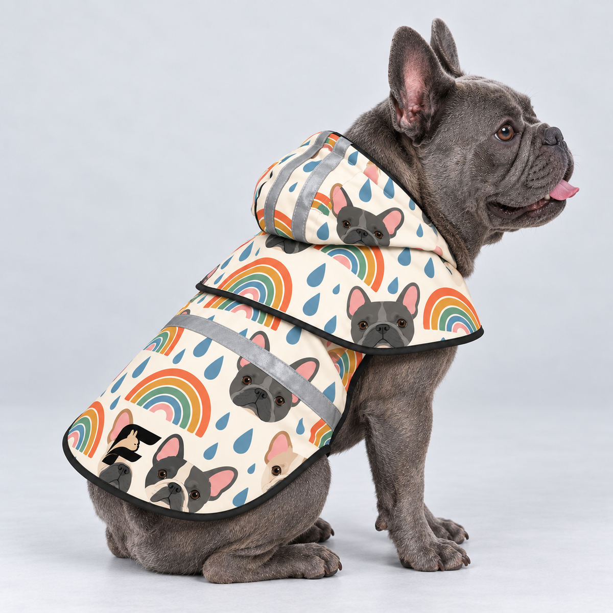 Rainbow Puddles French Bulldog raincoat — seated side view