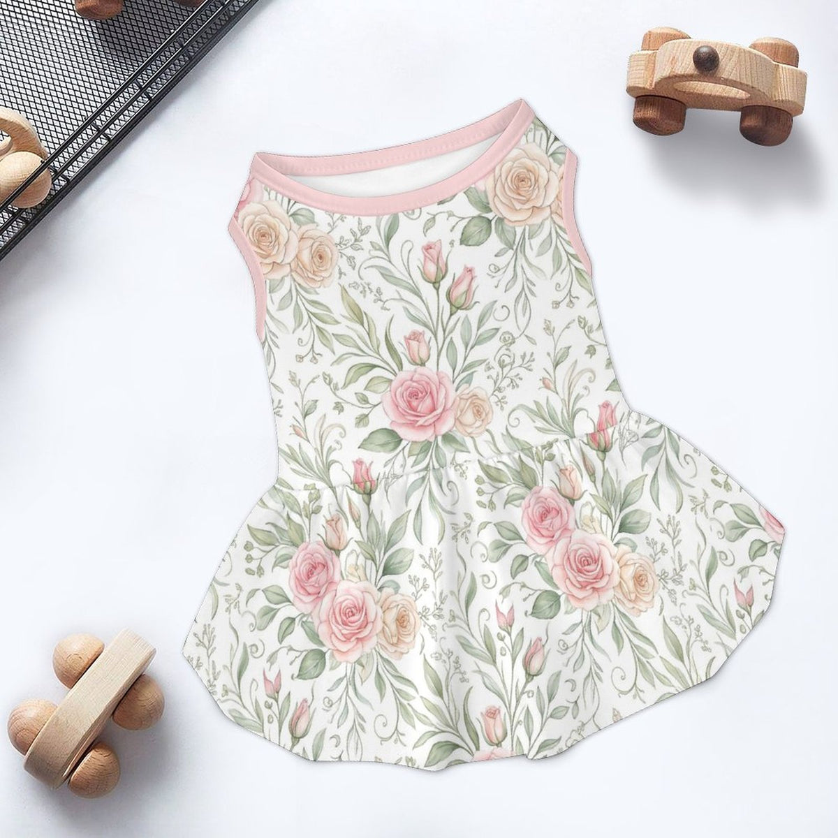 Soft Pink Rose Floral French Bulldog Ruffle Dress