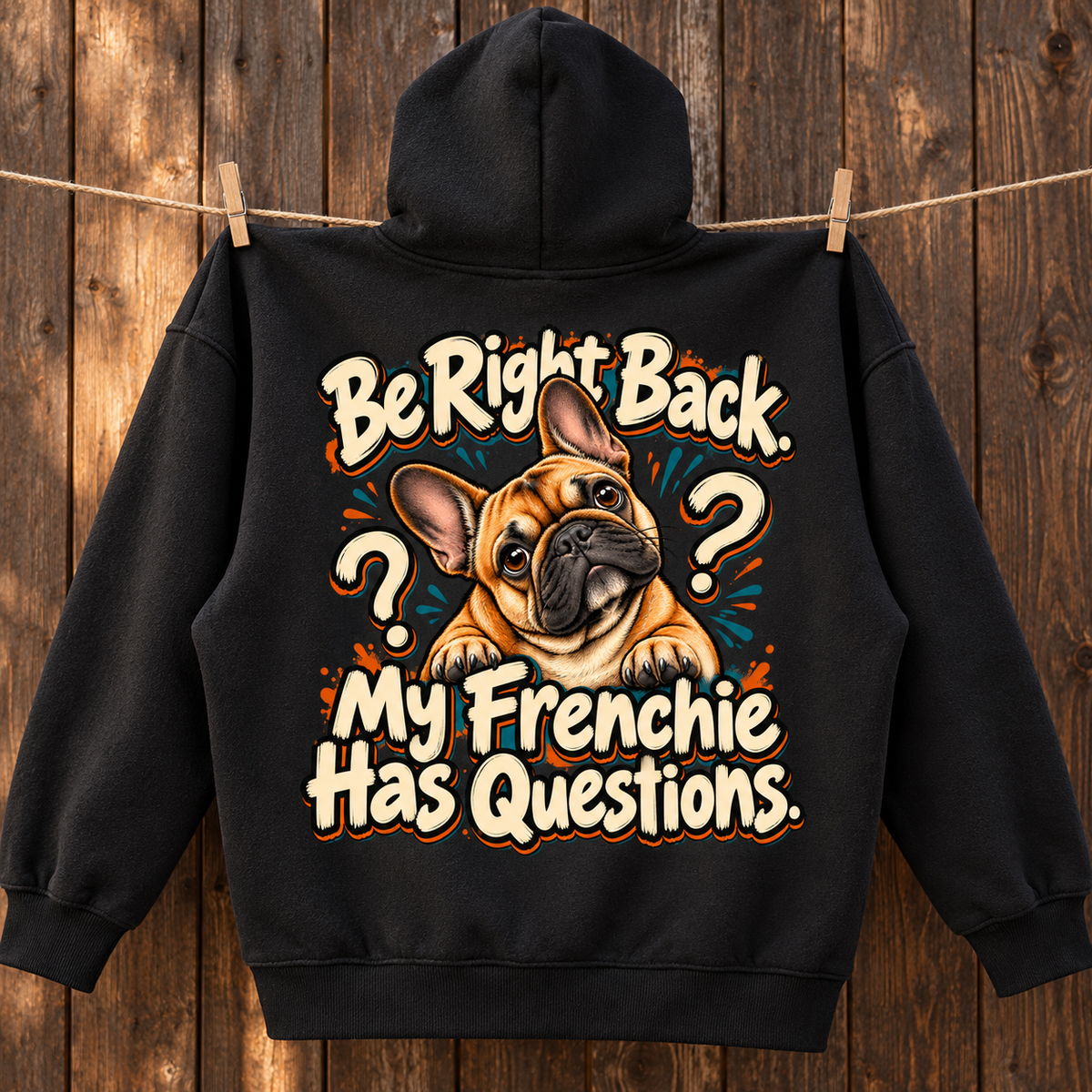 Close-up of the Be Right Back. My Frenchie Has Questions back print on a black French Bulldog hoodie.