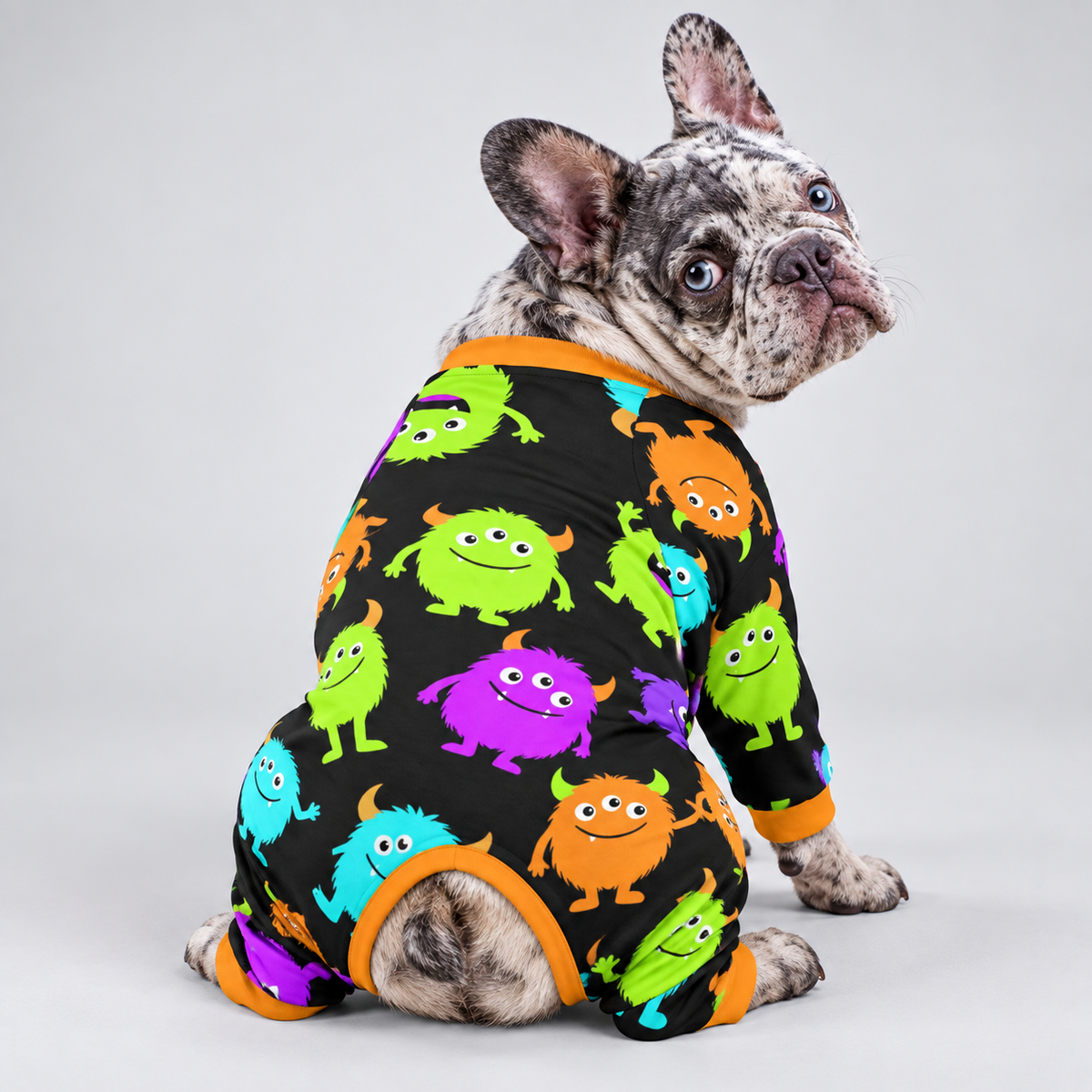 Little Monster French Bulldog Pajamas – Soft Dog Sleepwear rear three-quarter view