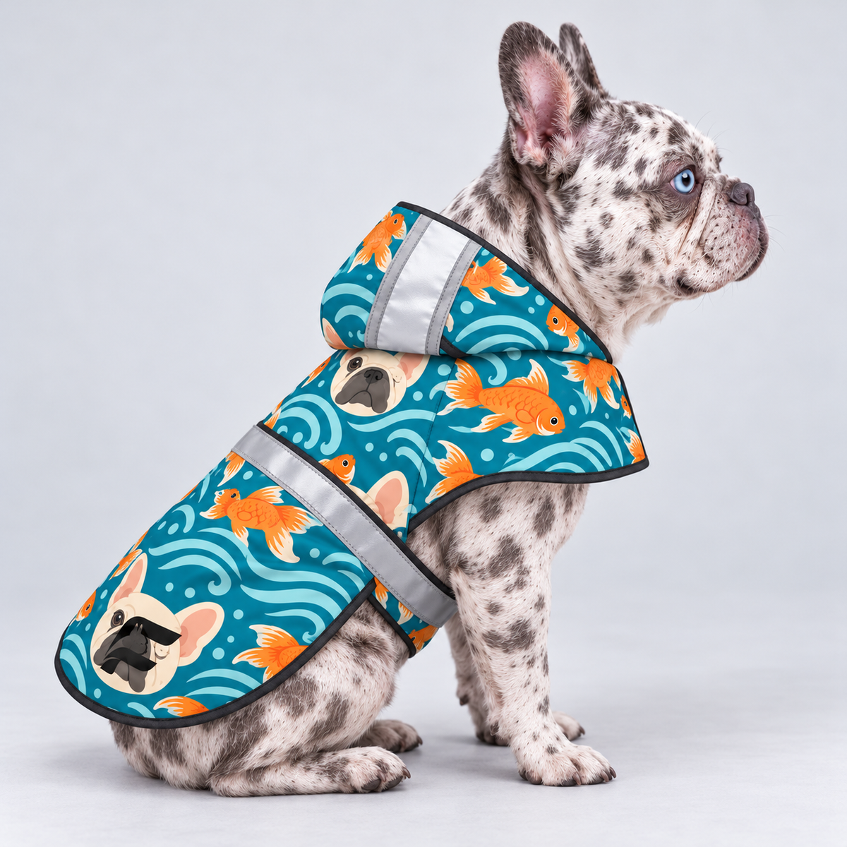 Ocean Friends French Bulldog raincoat — seated side view