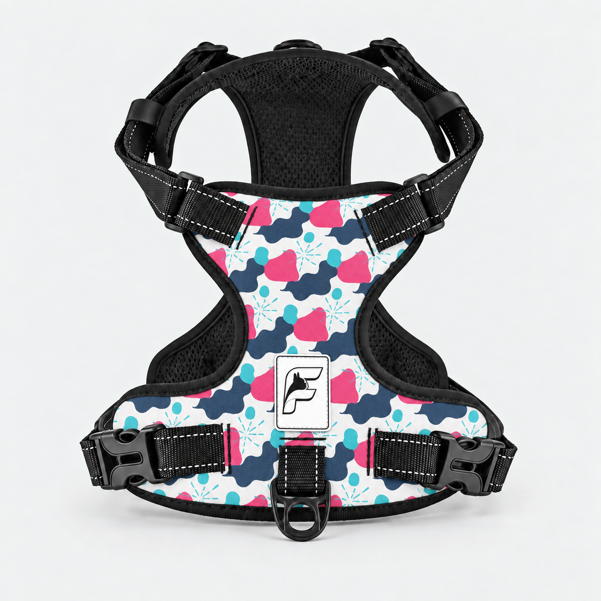 Pastel Frenchie Silhouettes dog harness, white no-pull vest with pink, navy and blue silhouettes and black trim