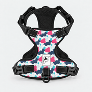 Pastel Frenchie Silhouettes dog harness, white no-pull vest with pink, navy and blue silhouettes and black trim