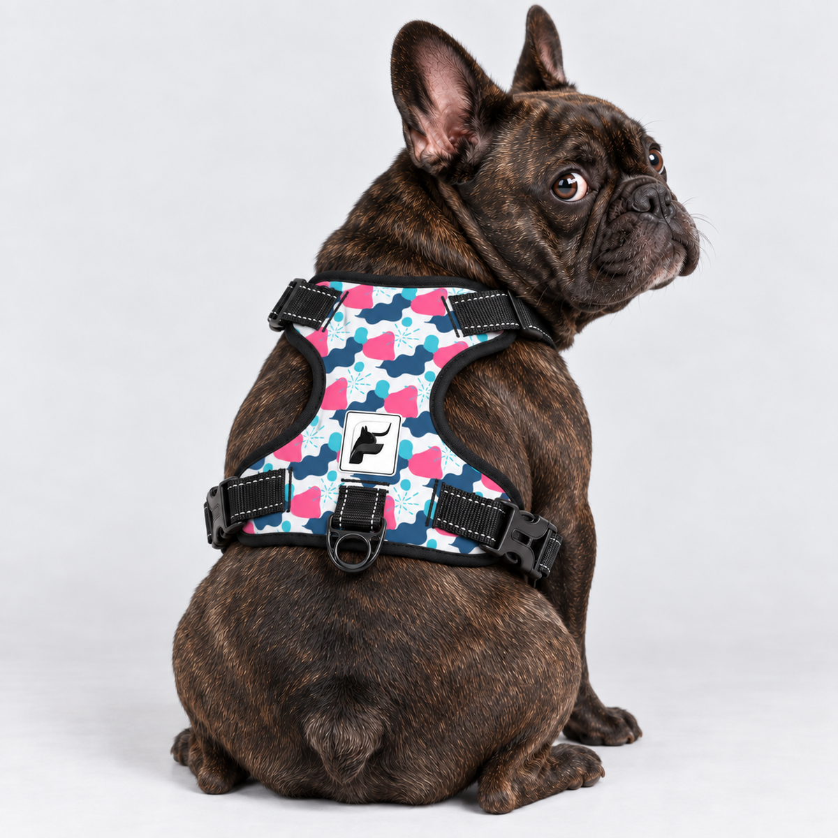 Pastel Frenchie Silhouettes dog harness with padded mesh lining and adjustable neck and chest straps