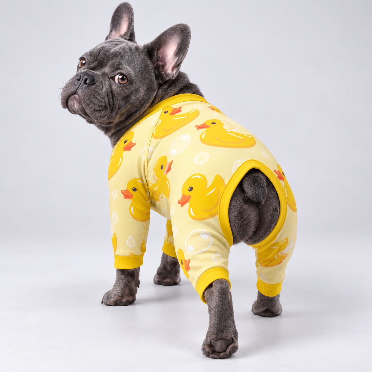 Rubber Duck French Bulldog Pajamas – Soft Dog Sleepwear back view on French Bulldog