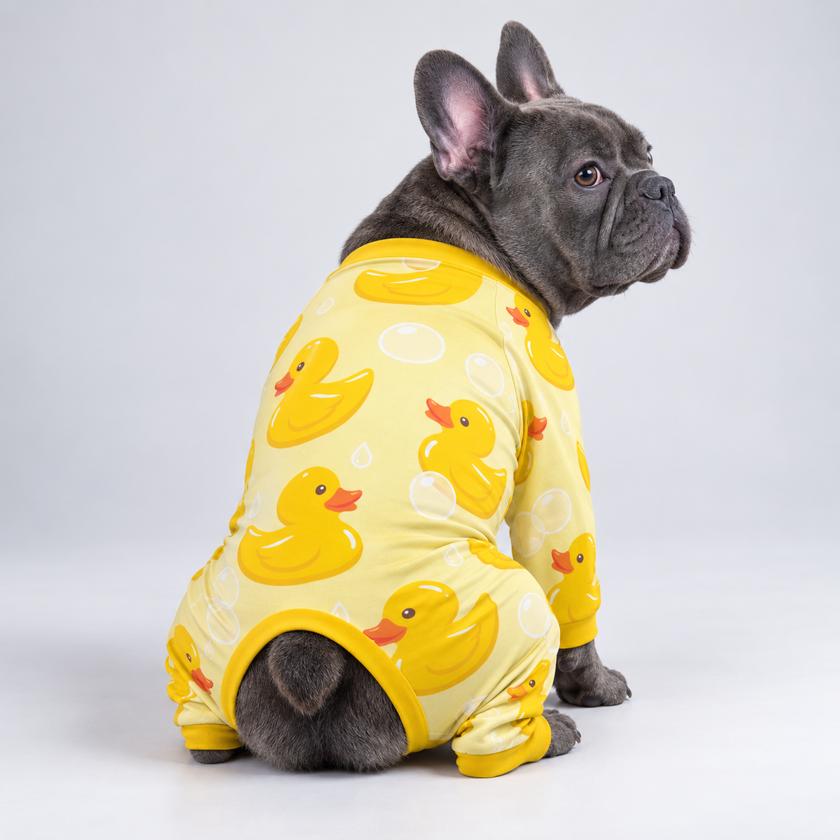 Rubber Duck French Bulldog Pajamas – Soft Dog Sleepwear rear three-quarter view