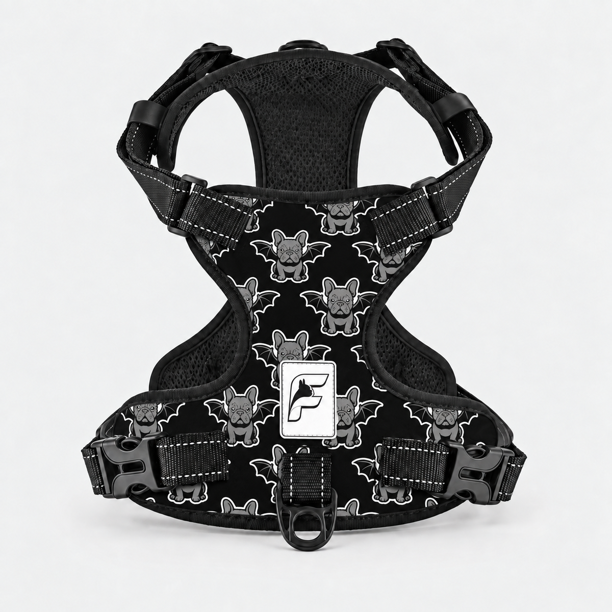 Bat Frenchie dog harness, black no-pull vest with winged bat-dog print and black trim