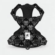 Bat Frenchie dog harness, black no-pull vest with winged bat-dog print and black trim