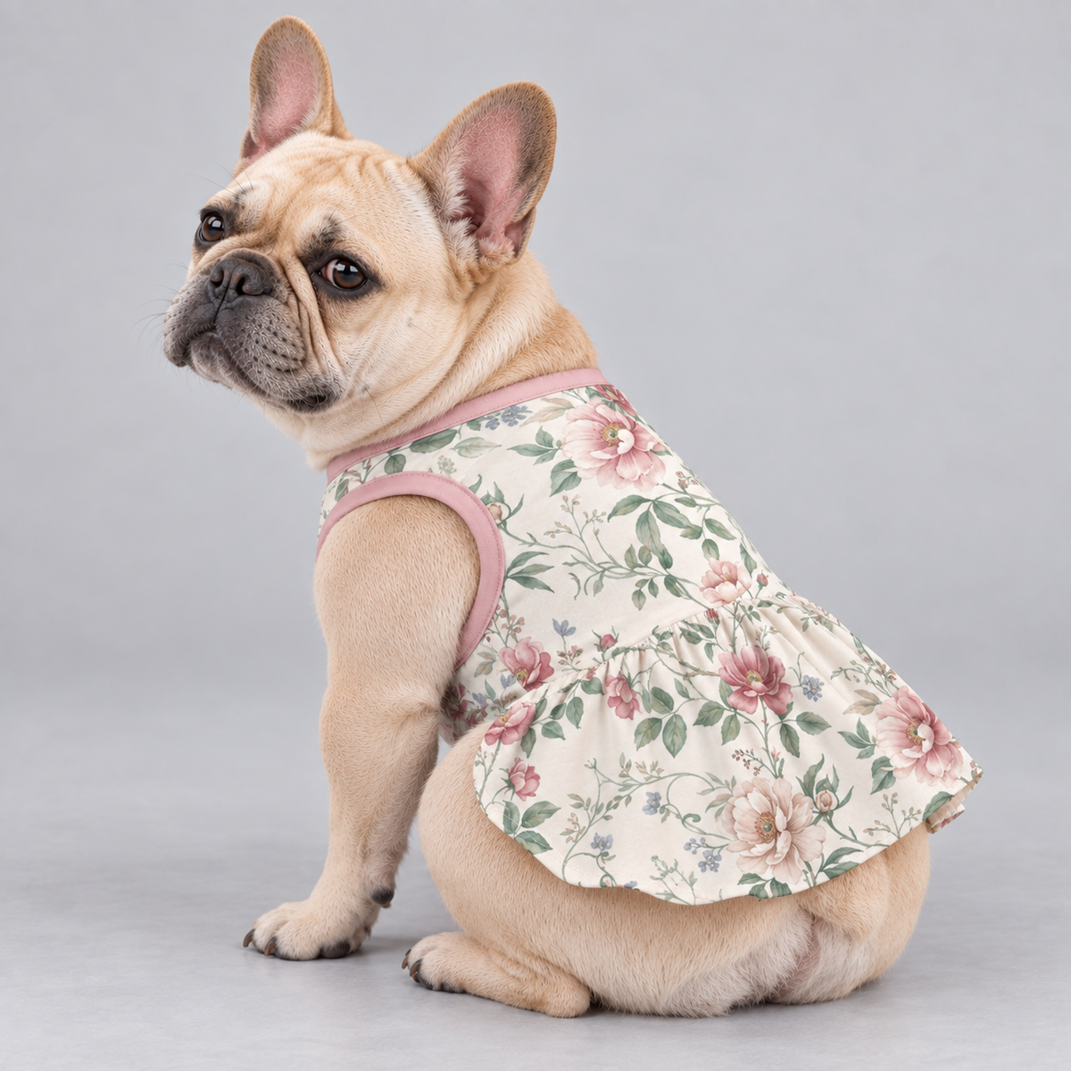 Vintage Rose Floral French Bulldog Ruffle Dress