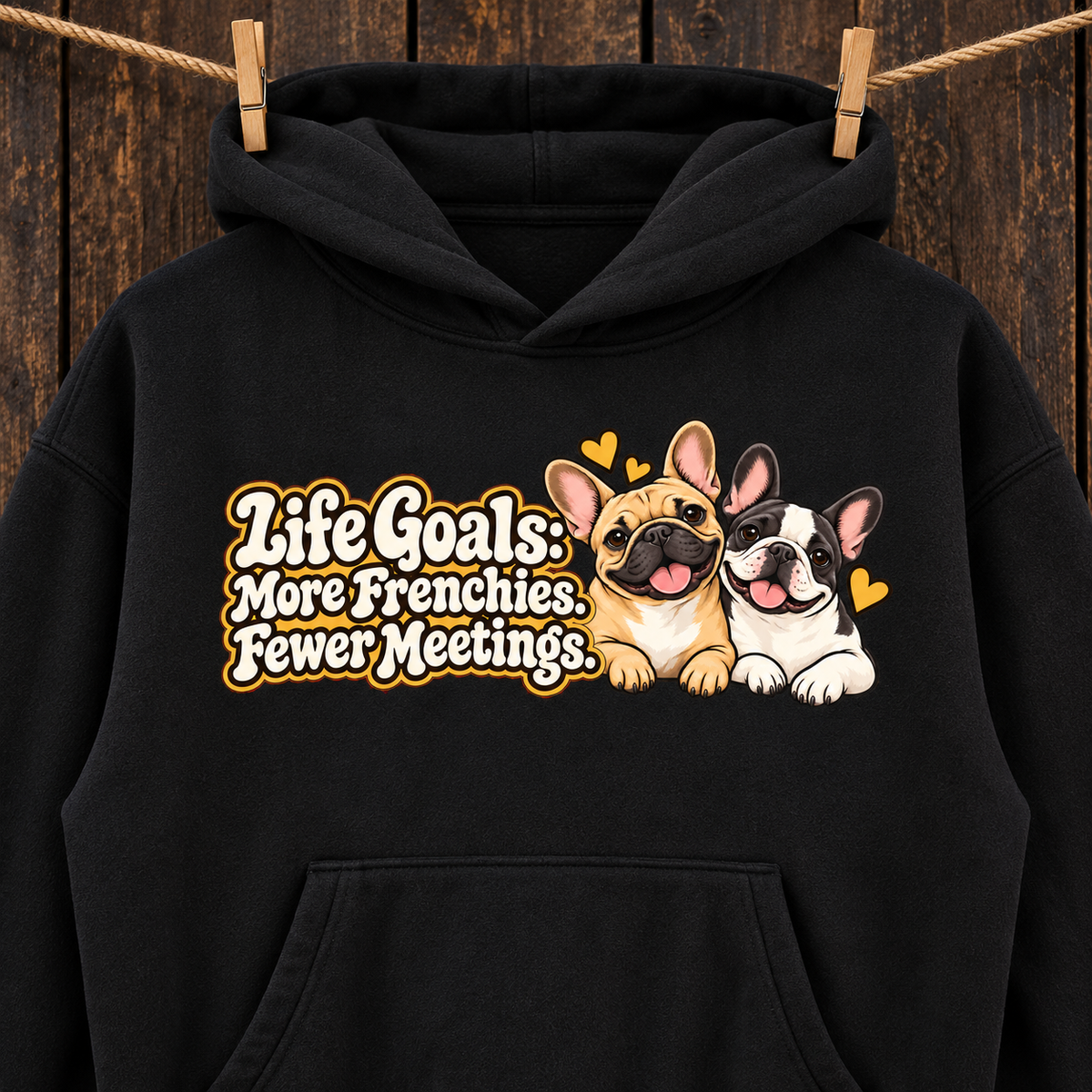 Woman wearing a black French Bulldog hoodie with the Life Goals: More Frenchies. Fewer Meetings front print.