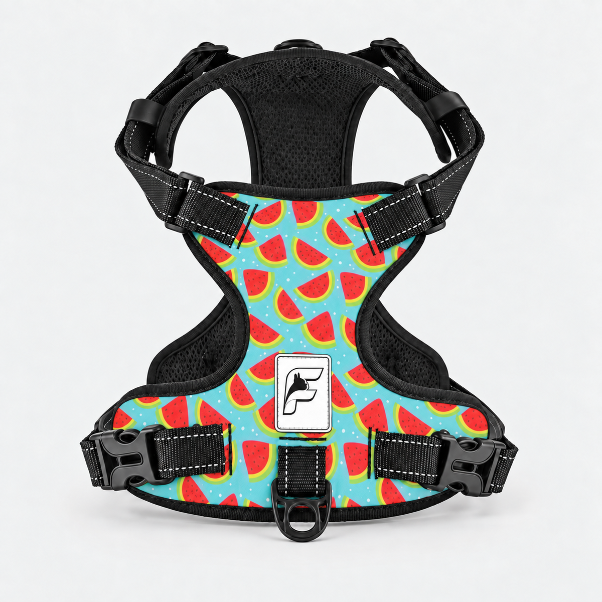 Watermelon Picnic French Bulldog harness, turquoise no-pull vest with watermelon slice print and black trim