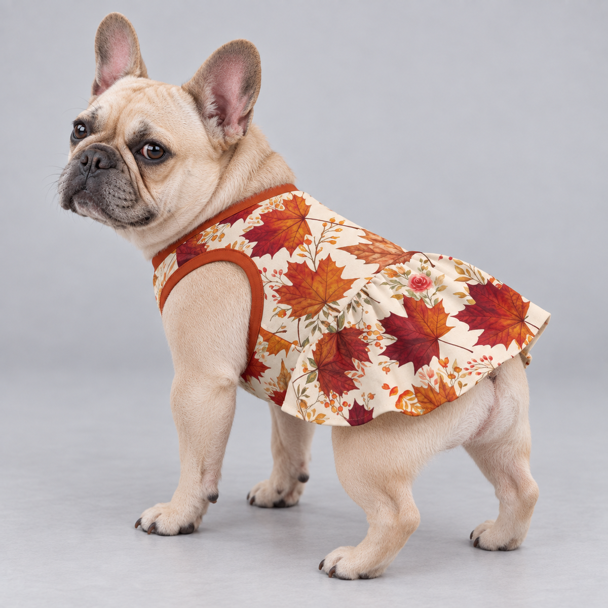 Autumn Maple Floral French Bulldog Ruffle Dress