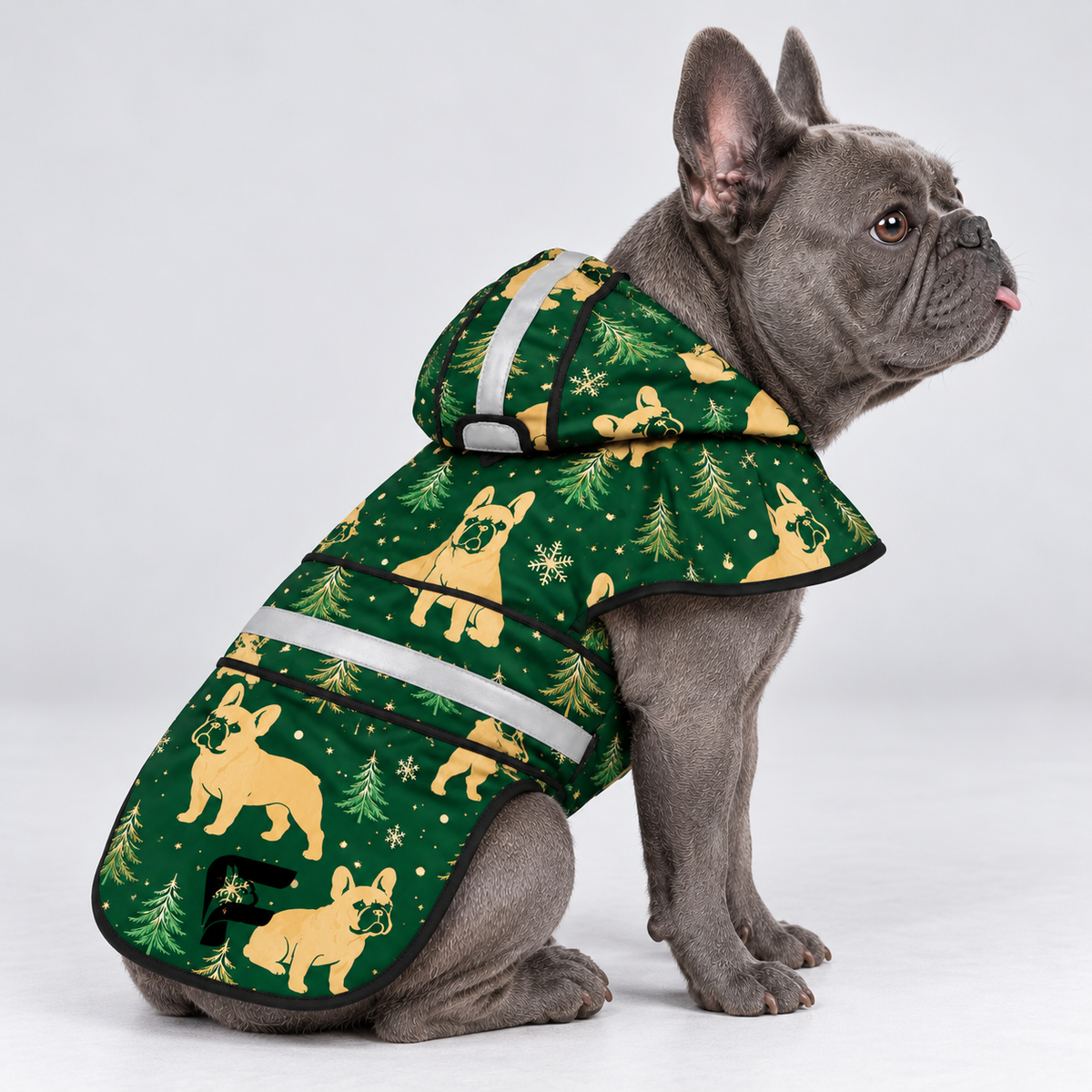 Evergreen Walk French Bulldog raincoat — seated side view