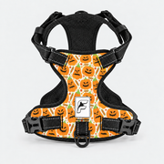 Jack-O-Lantern French Bulldog harness, orange no-pull vest with carved pumpkin print and black trim
