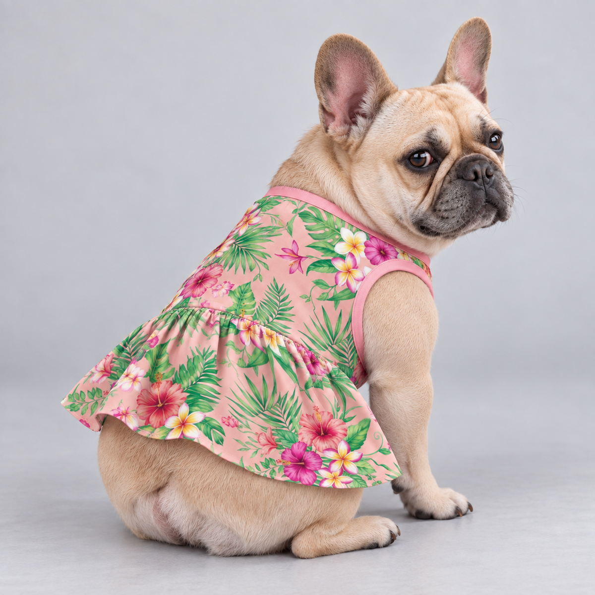 Tropical Hibiscus Floral French Bulldog Ruffle Dress
