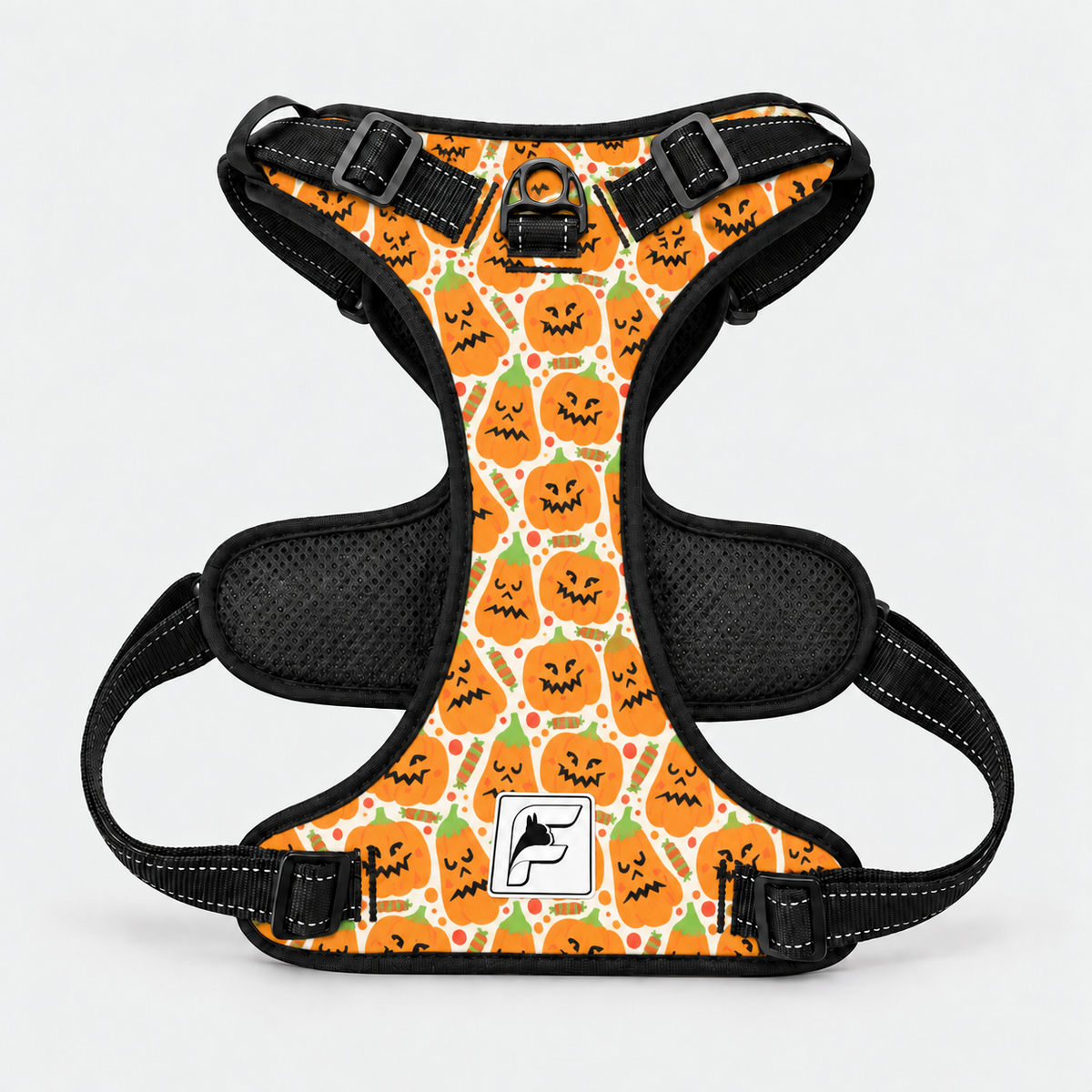 Jack-O-Lantern no-pull harness for French Bulldogs with side-release buckles and metal leash rings
