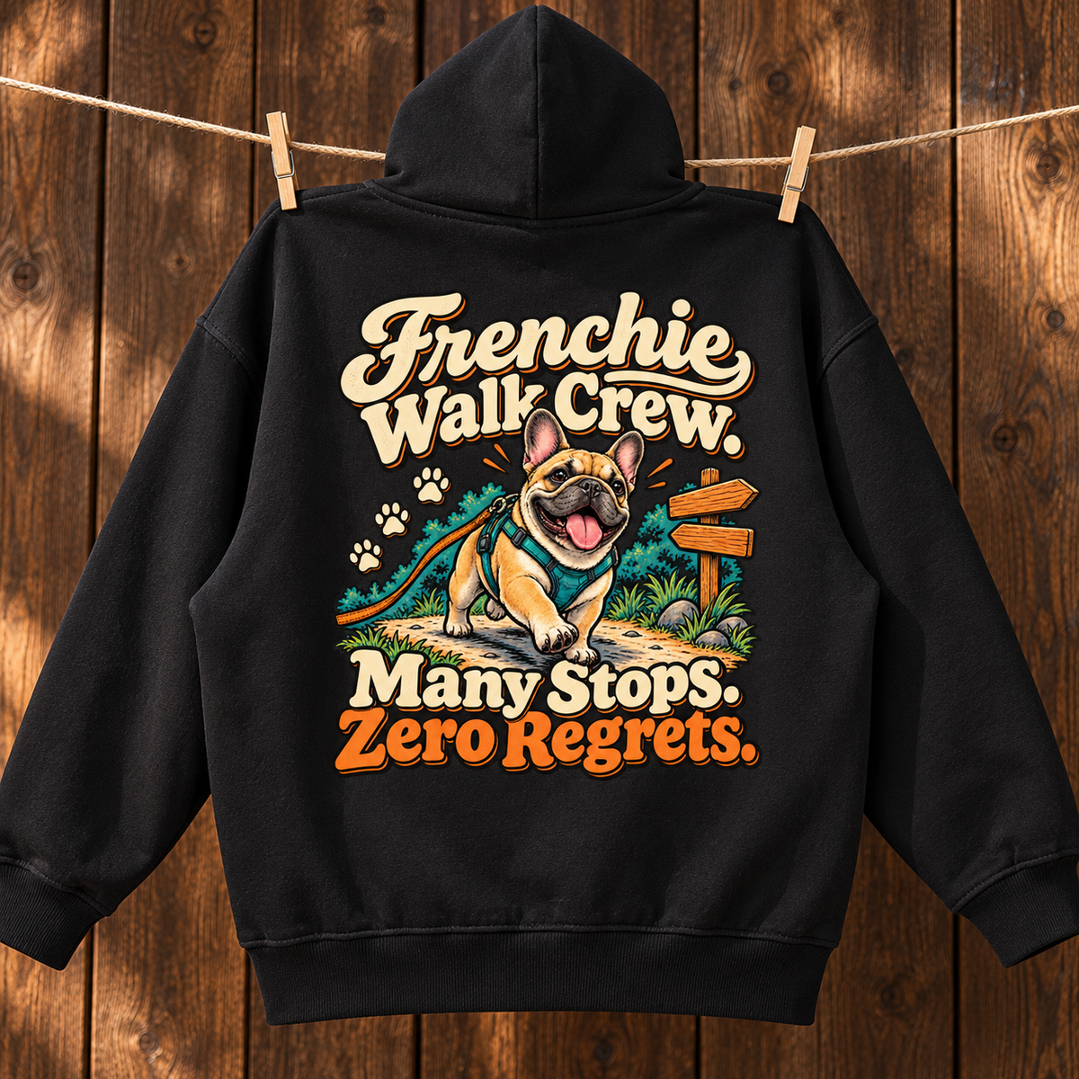 Close-up of the Frenchie Walk Crew. Many Stops. Zero Regrets back print on a black French Bulldog hoodie.