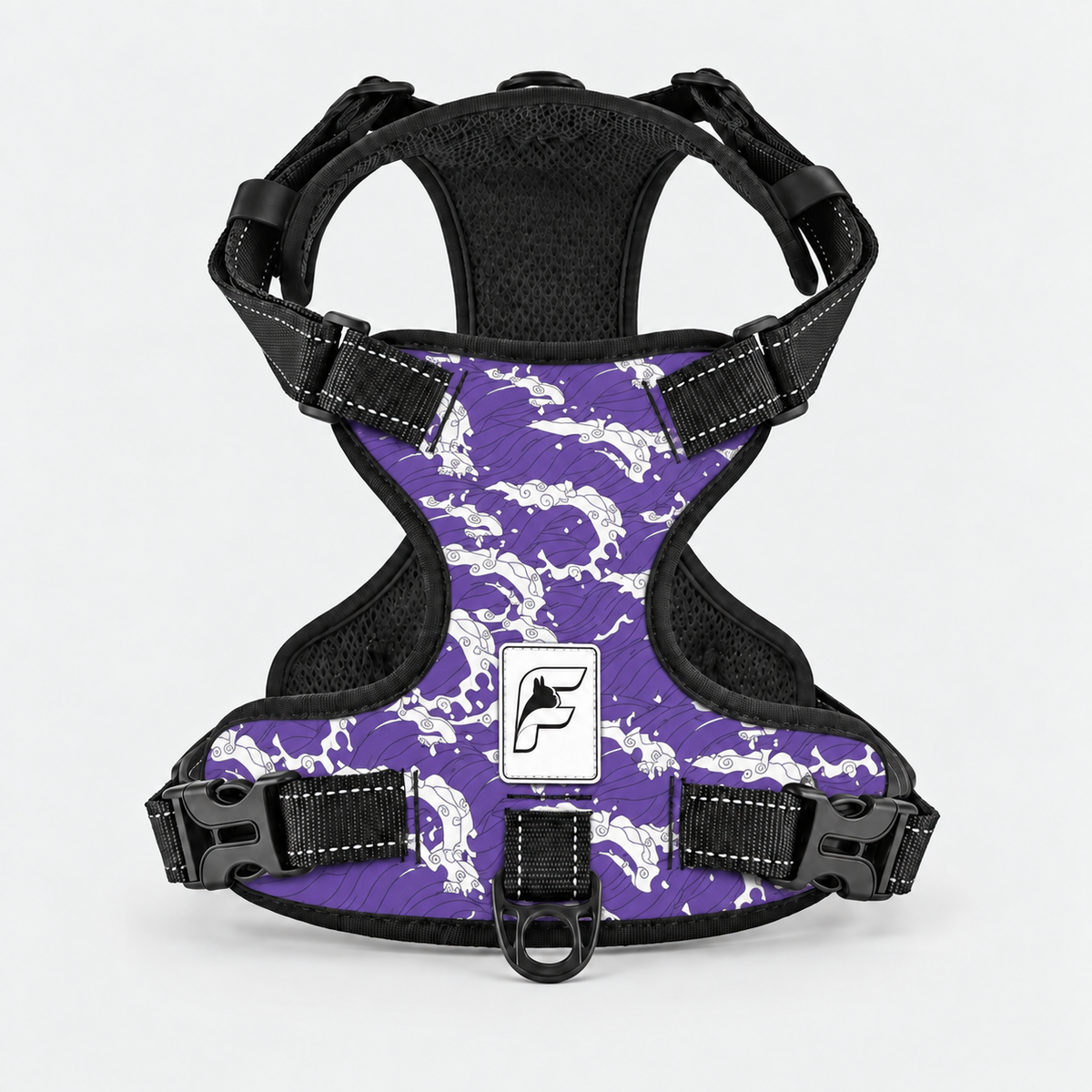 Purple Skeleton French Bulldog harness, purple no-pull vest with white skeleton print and black trim