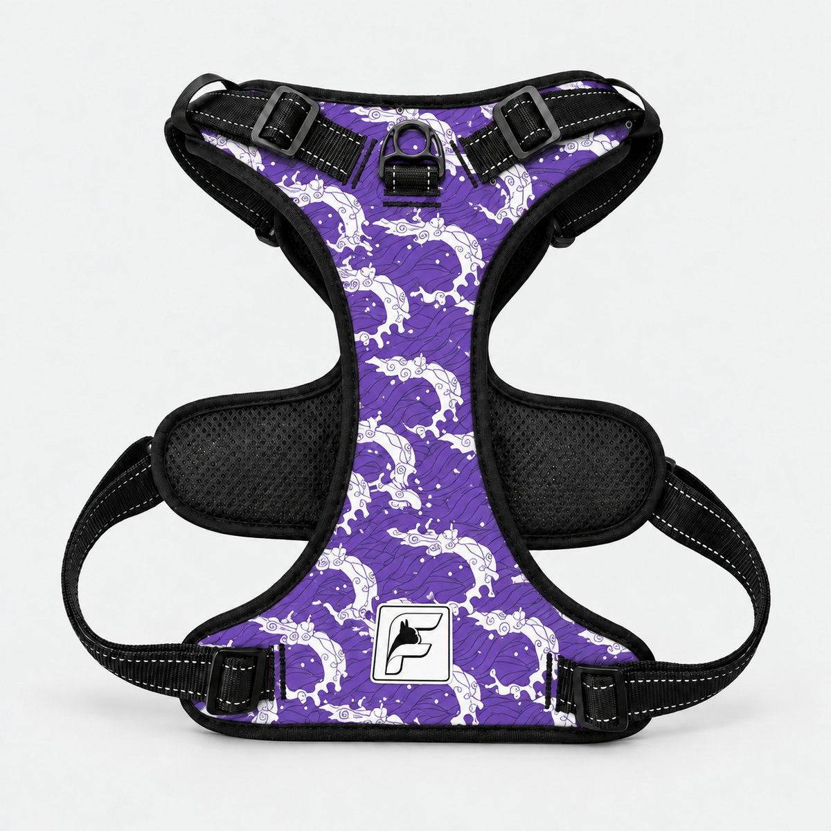 Purple Skeleton no-pull harness for French Bulldogs with padded breathable mesh lining