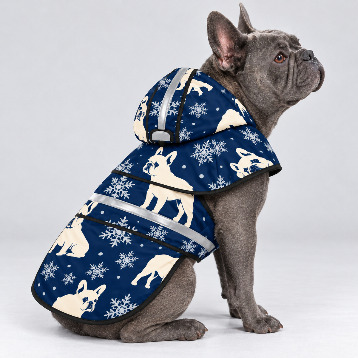 Winter Night French Bulldog raincoat — seated side view