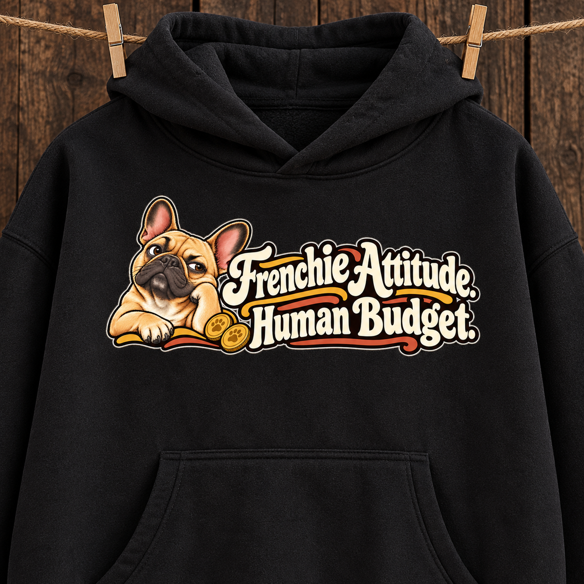 Close-up of the Frenchie Attitude. Human Budget front print on a black French Bulldog hoodie.