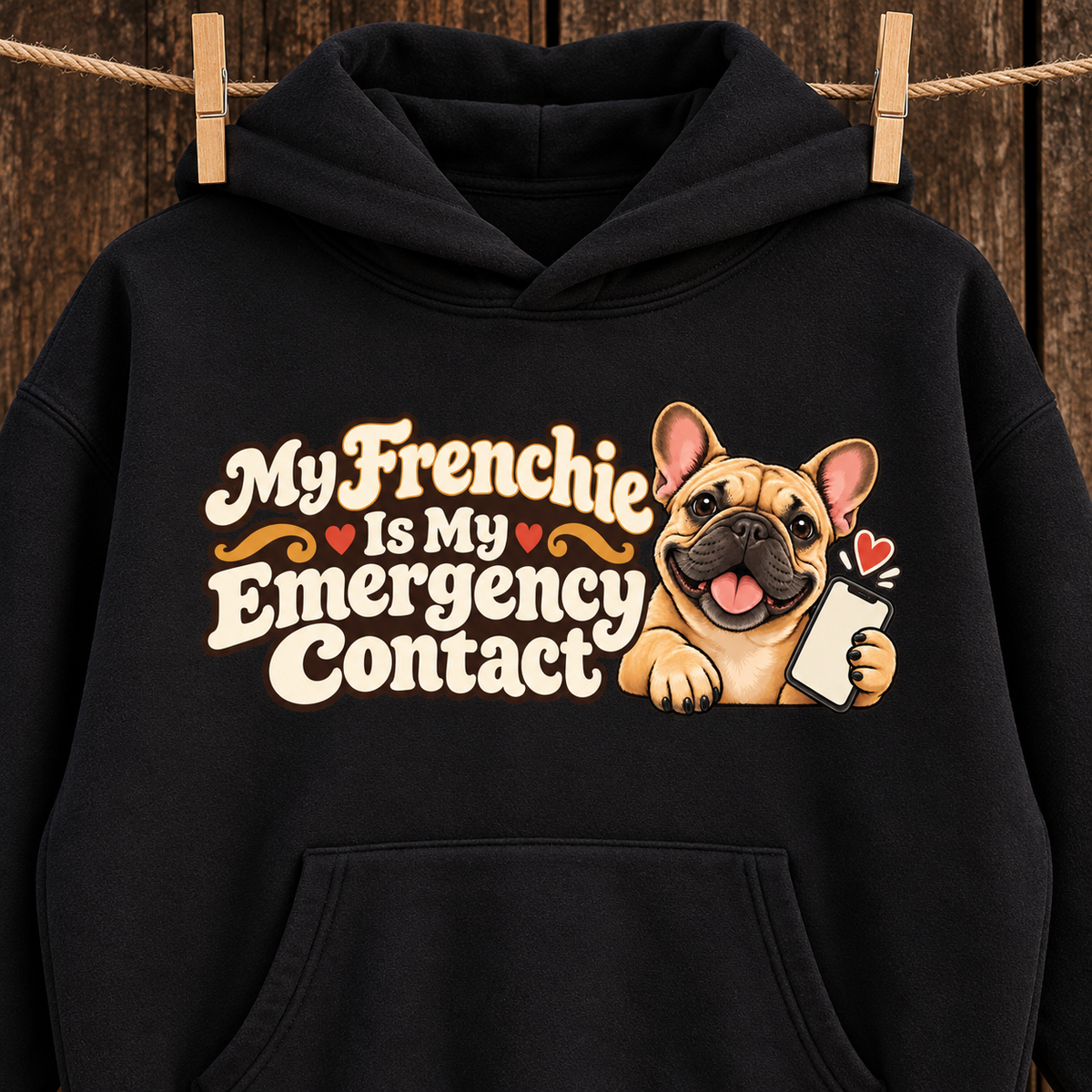 Close-up of the My Frenchie Is My Emergency Contact front print on a black French Bulldog hoodie.