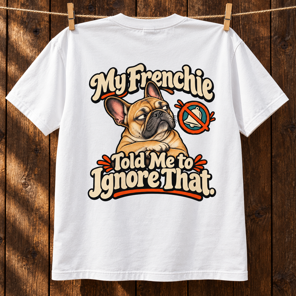 Close-up of My Frenchie Told Me to Ignore That. artwork on the back of a white cotton T-shirt