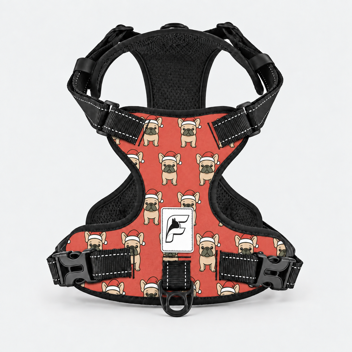 Santa Frenchie dog harness, warm red no-pull vest with Santa-hat dog print and black trim