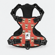 Santa Frenchie dog harness, warm red no-pull vest with Santa-hat dog print and black trim