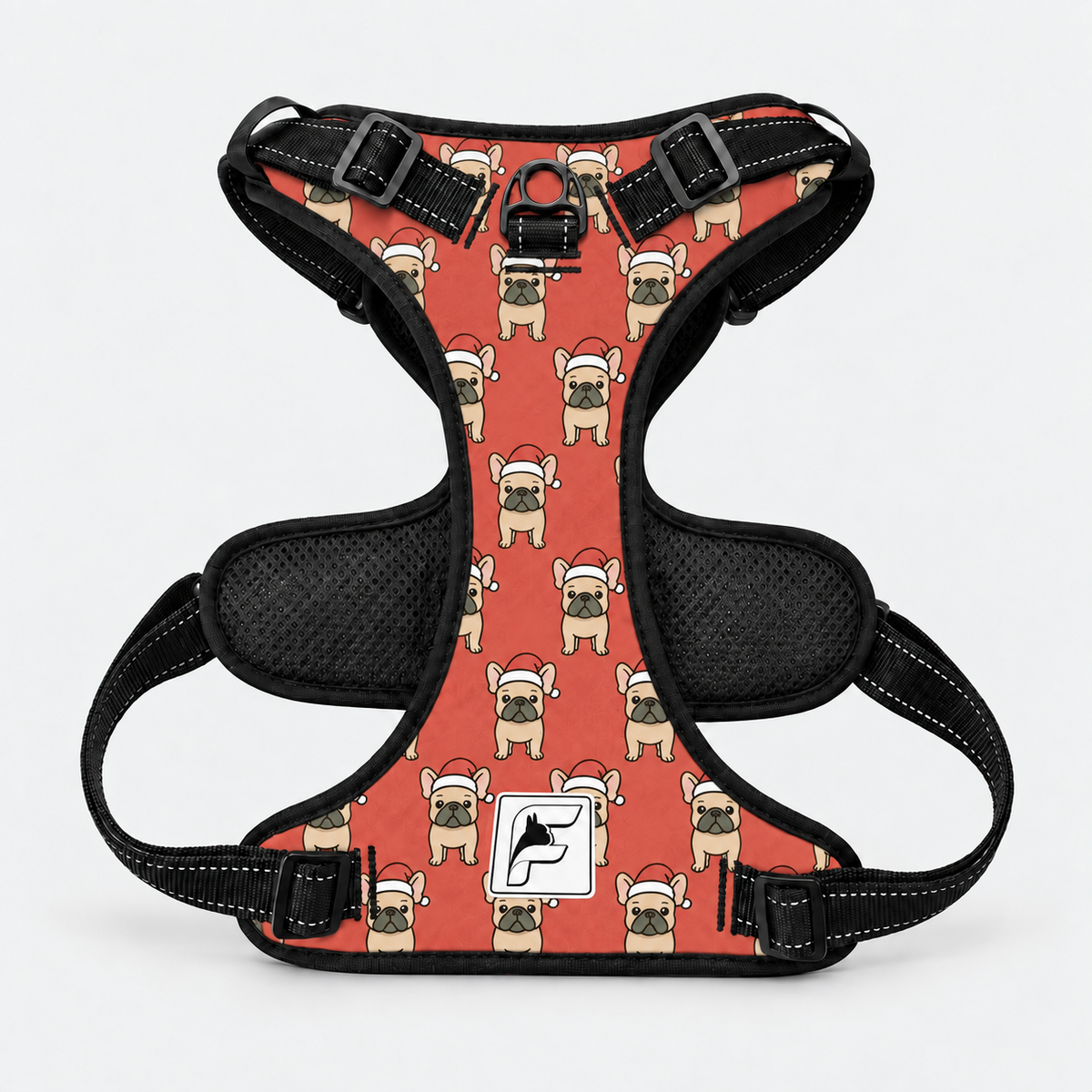 Santa Frenchie no-pull dog harness with side-release buckles and metal leash rings