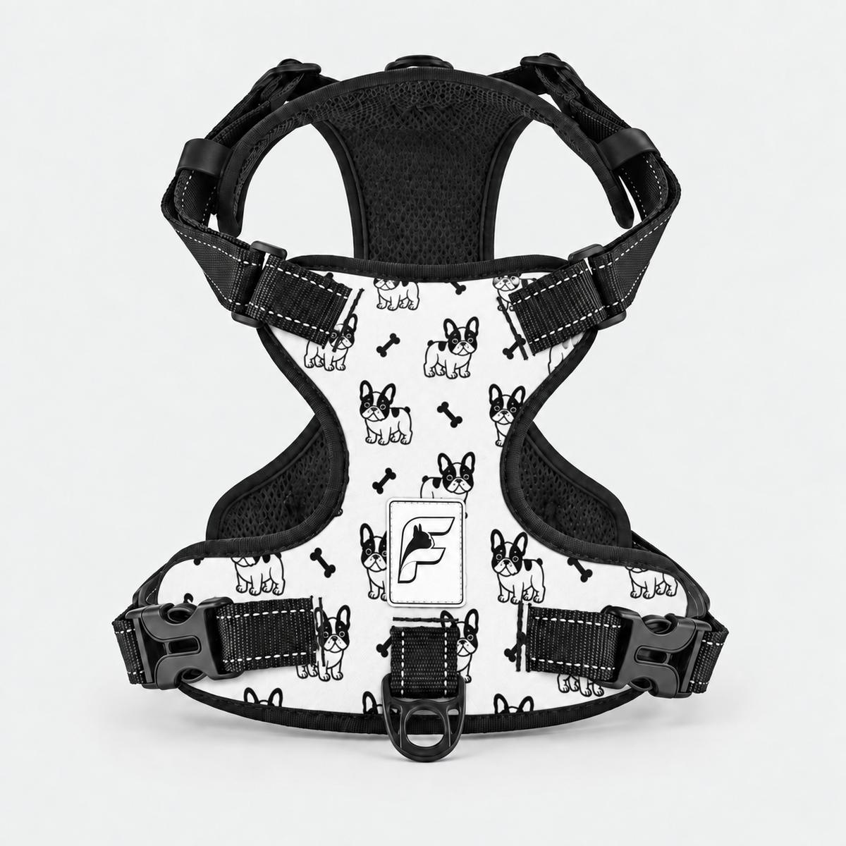 Frenchies & Bones no-pull dog harness, white print of black dogs and bones
