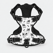 Frenchies & Bones no-pull dog harness, white print of black dogs and bones