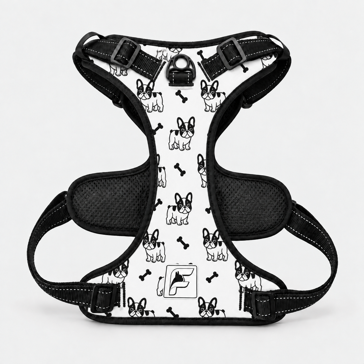 Frenchies & Bones no-pull dog harness, black trim and adjustable neck and chest straps