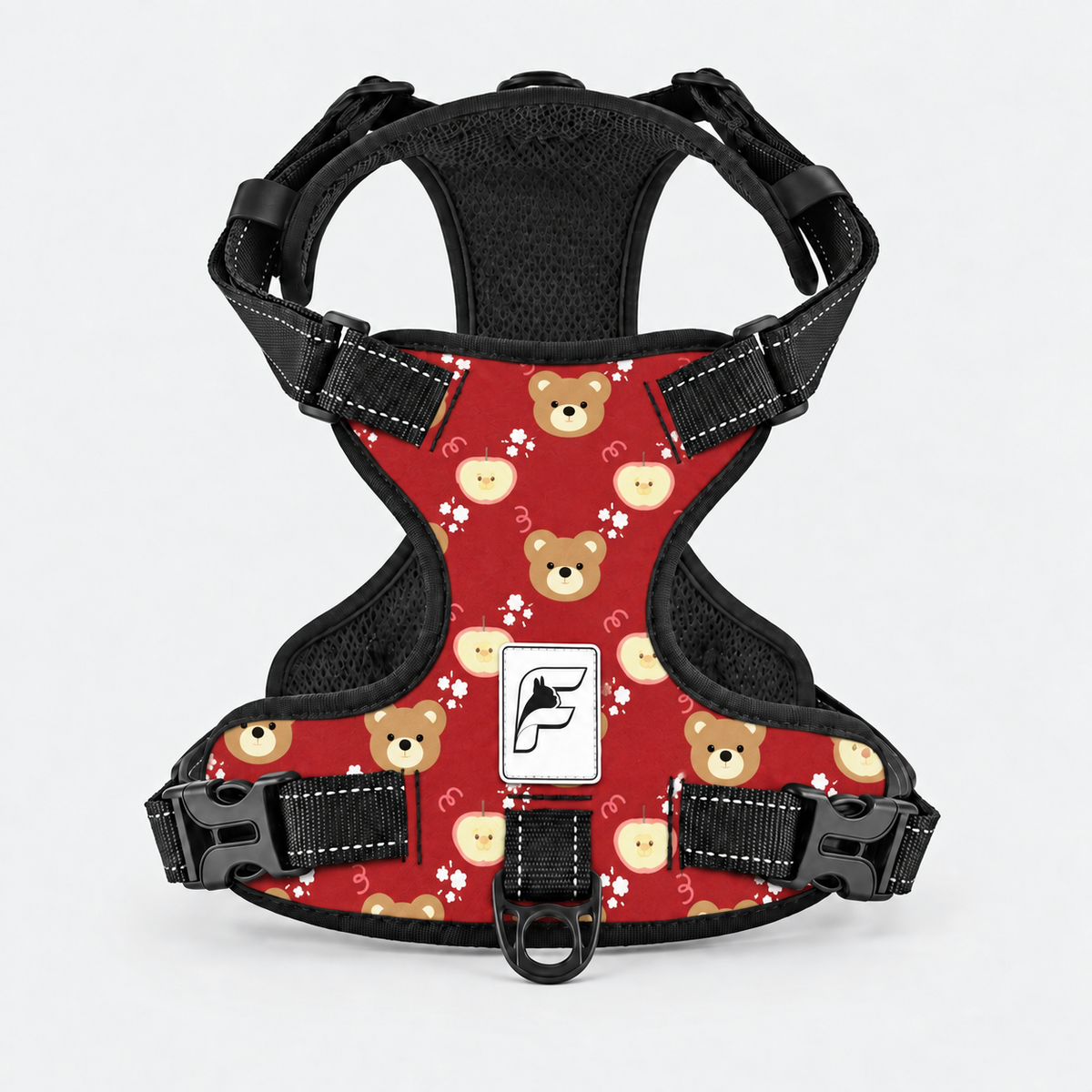 Holiday Teddy French Bulldog no-pull harness, red print with teddy bears and festive details