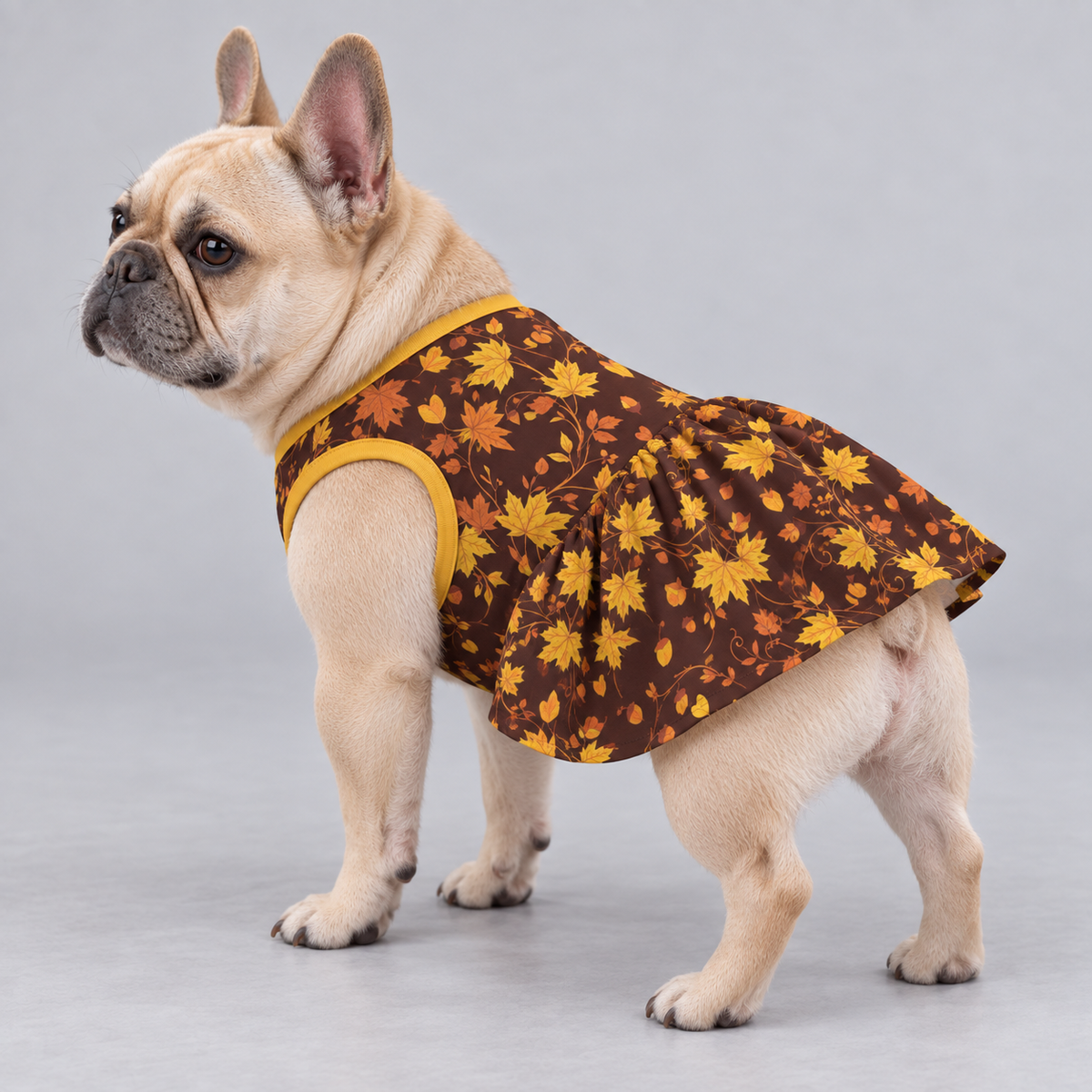 Autumn Maple Leaves French Bulldog Ruffle Dress
