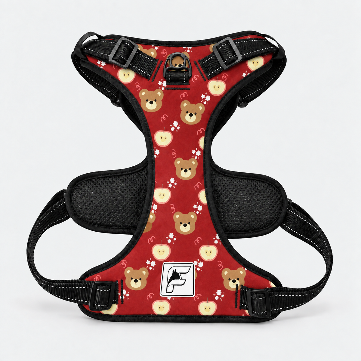 Holiday Teddy French Bulldog no-pull harness, black trim and side-release buckles