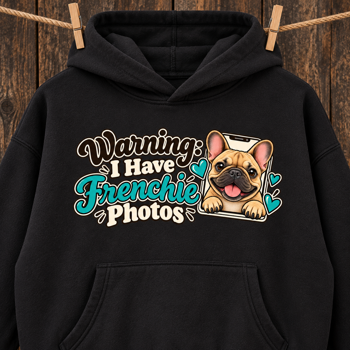 Close-up of the Warning: I Have Frenchie Photos front print on a black French Bulldog hoodie.