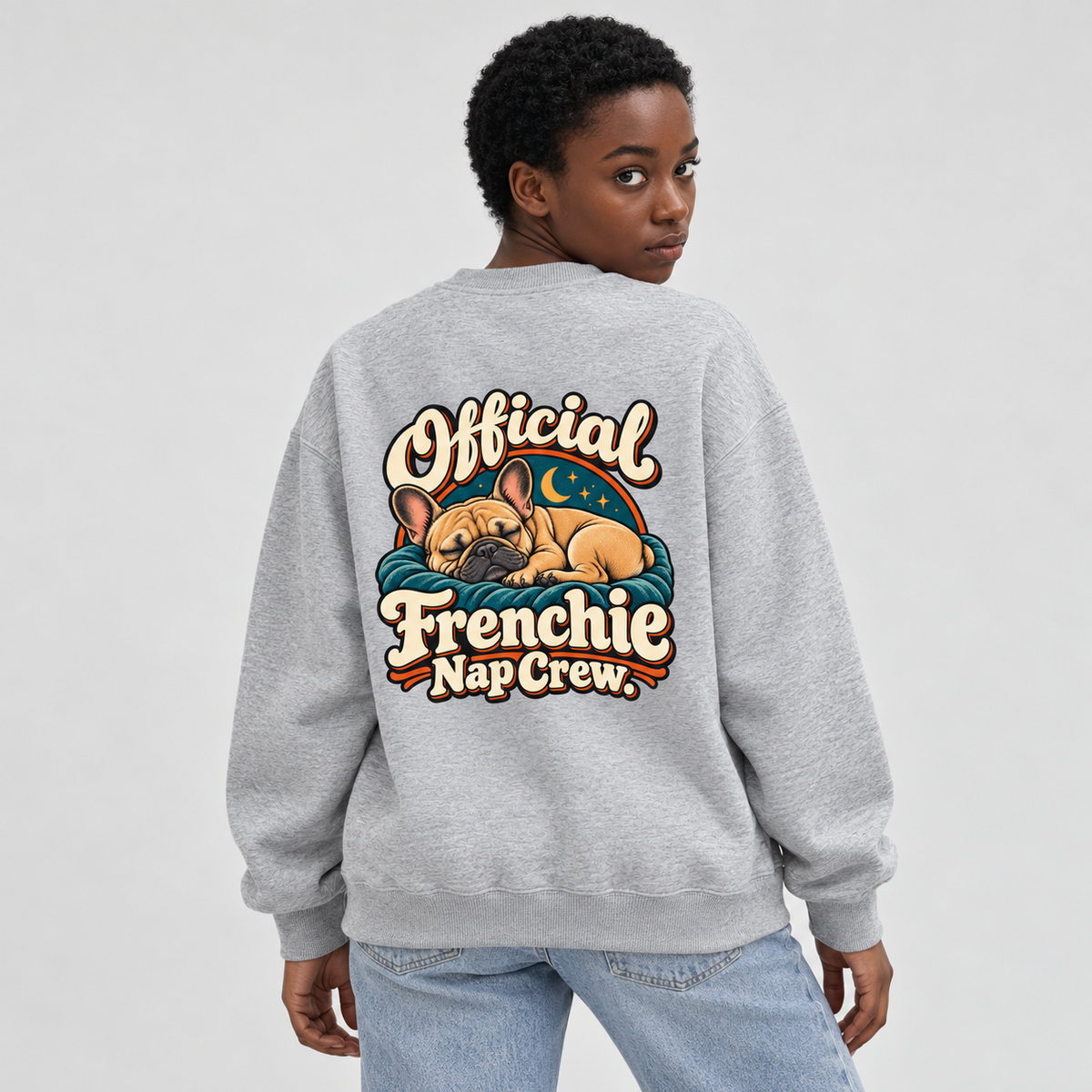 Model wearing a flower gray French Bulldog sweatshirt with Official Frenchie Nap Crew. on the back