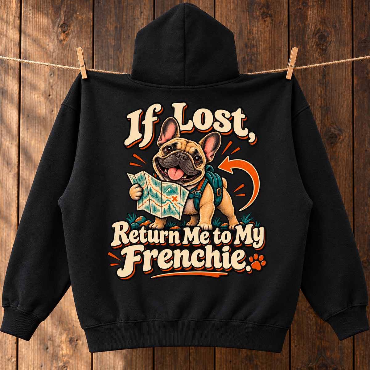 Close-up of the If Lost, Return Me to My Frenchie back print on a black French Bulldog hoodie.